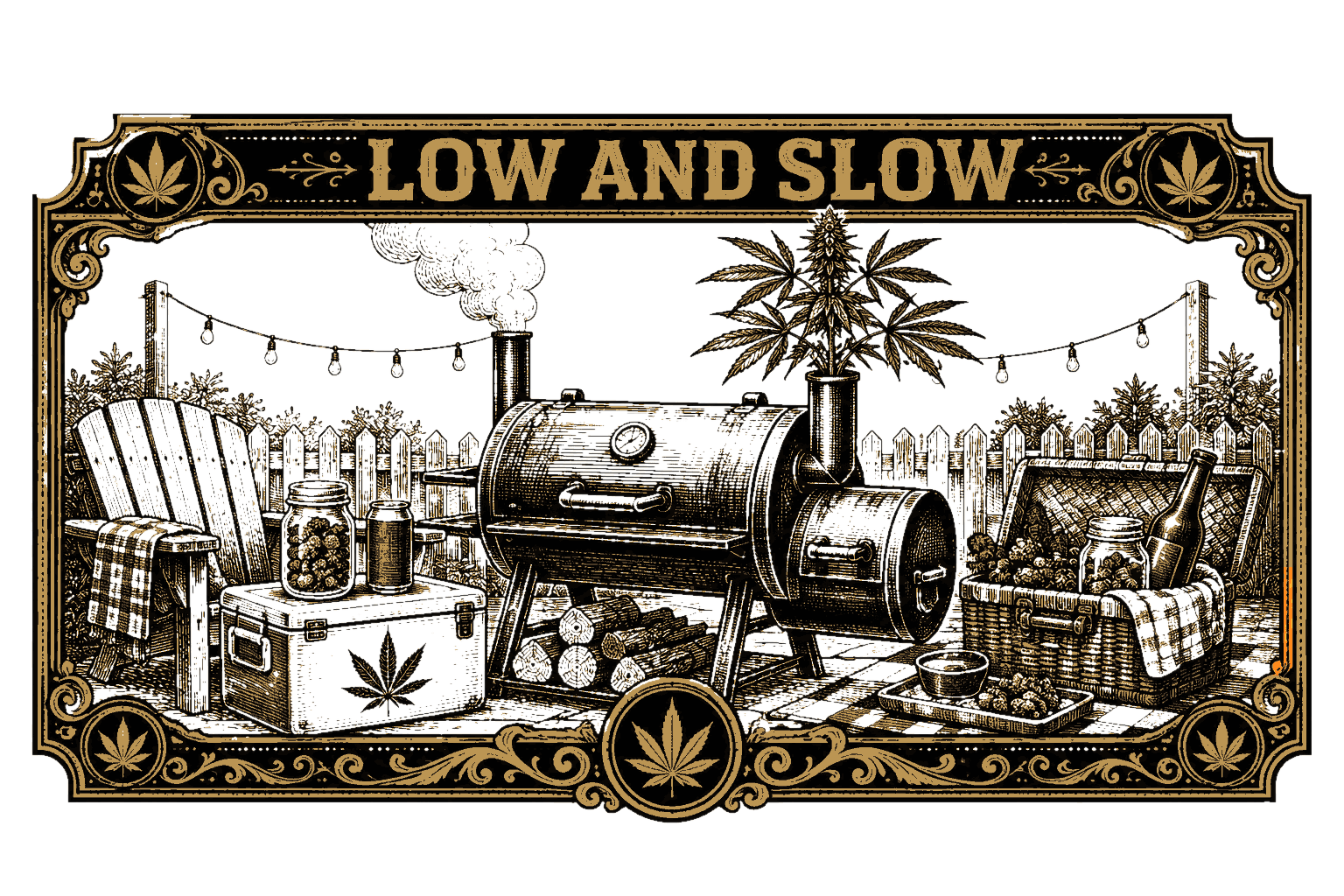 Take 3 for ['A Smoker Grill With A Cannabis Plant As The Chimney Stack. — Porch & Proof (Backyard Cookout × Cannabis Picnic Engraving). Composition: Horizontal Frieze — A Wide', 'Short', 'Landscape Engraving', 'Headline Running Along The Top Edge In A Narrow Band.'] — Morning Ritual #1 — click to enlarge