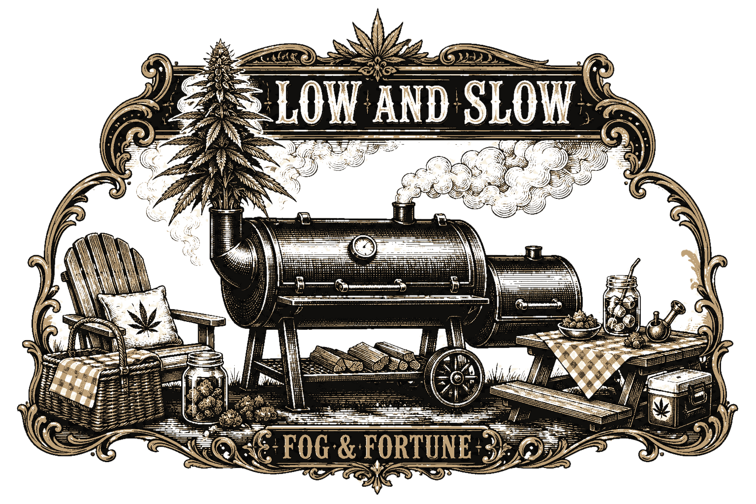 Take 3 for ['A Smoker Grill With A Cannabis Plant As The Chimney Stack. — Porch & Proof (Backyard Cookout × Cannabis Picnic Engraving). Composition: Horizontal Frieze — A Wide', 'Short', 'Landscape Engraving', 'Headline Running Along The Top Edge In A Narrow Band.'] — Morning Ritual #1 — click to enlarge