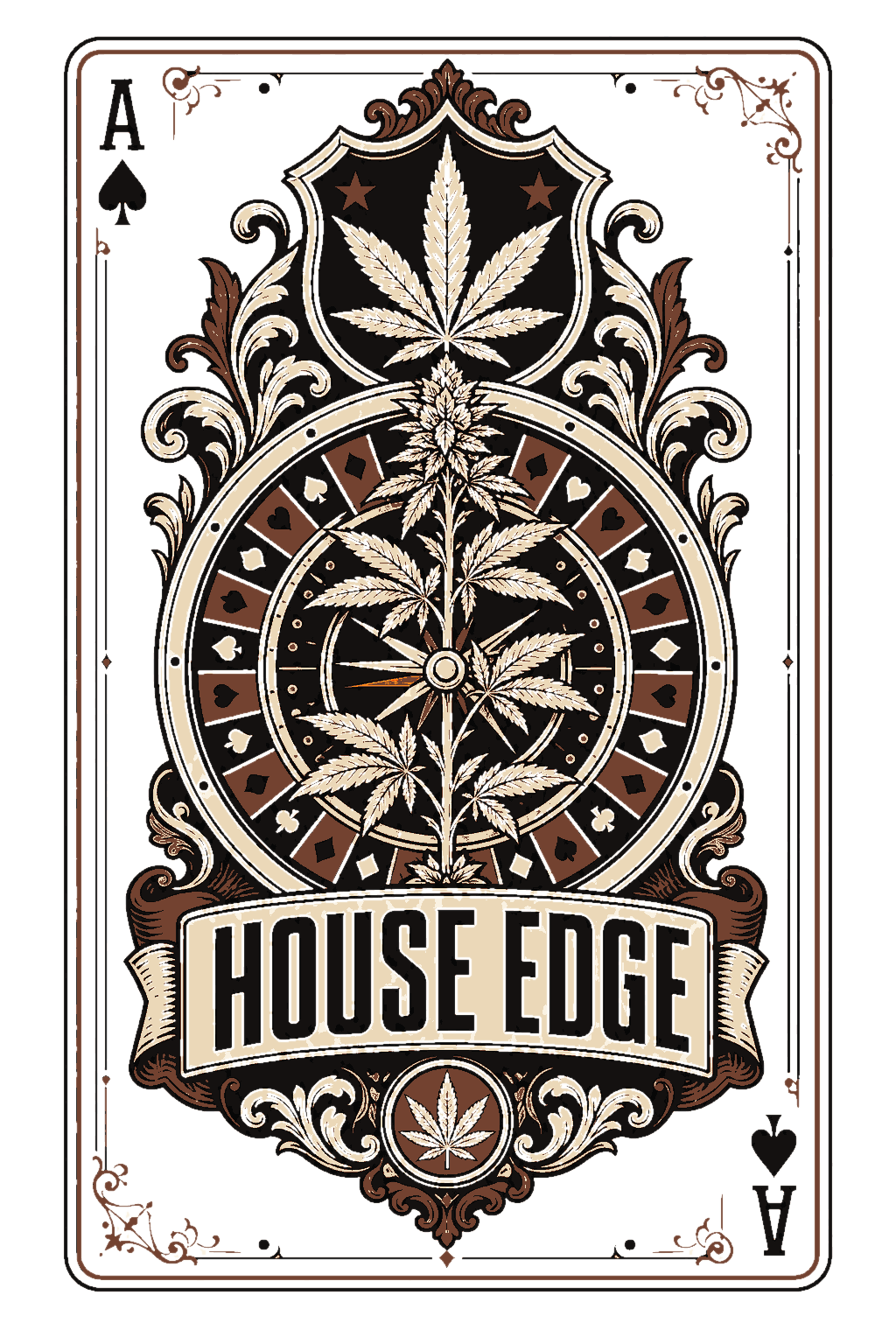 Take 1 for ['Ornate House Crest With A Cannabis Plant Growing Through A Roulette-Style Wheel That Is Original', 'Not A Trademarked Casino Mark. — Odds & Ounces (Gambling × Cannabis Betting-House Engraving). Composition: Playing-Card Face — A Tall Card Composition With Corner Indices And A Central Tableau.'] — Morning Ritual #1 — click to enlarge