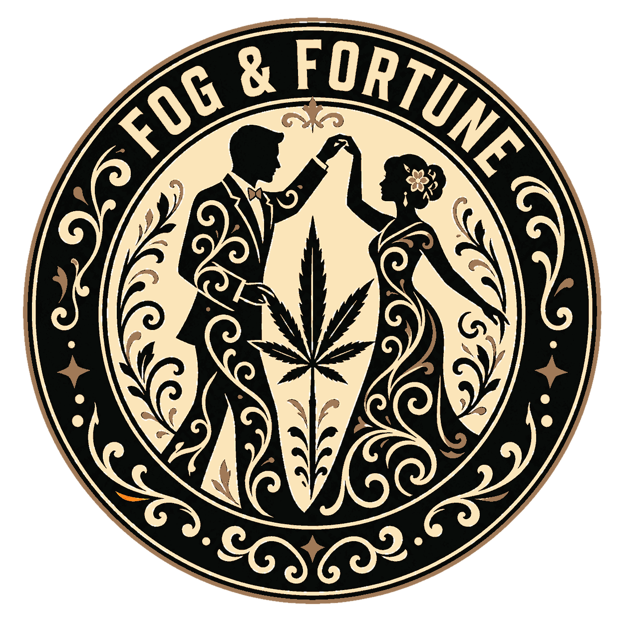 Take 4 for ['A Dancing Couple Silhouette Made Of Filigree Around A Cannabis Plant. — Vows & Vapors (Wedding Party × Cannabis Invitation Engraving). Composition: Circular Seal — A Round Medallion Composition', "Fog & Fortune Inside The Seal'S Outer Ring."] — Morning Ritual #1 — click to enlarge