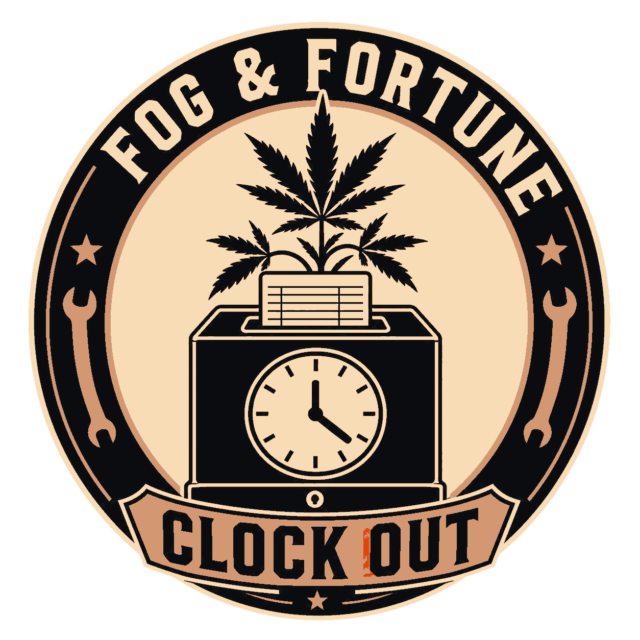 Take 4 for ['A Punch Clock With A Cannabis Plant Growing From The Time Card Slot. — Clock Out & Light Up (Blue-Collar Shift × Cannabis Union-Card Engraving). Composition: Circular Seal — A Round Medallion Composition', "Fog & Fortune Inside The Seal'S Outer Ring."] — Morning Ritual #1 — click to enlarge