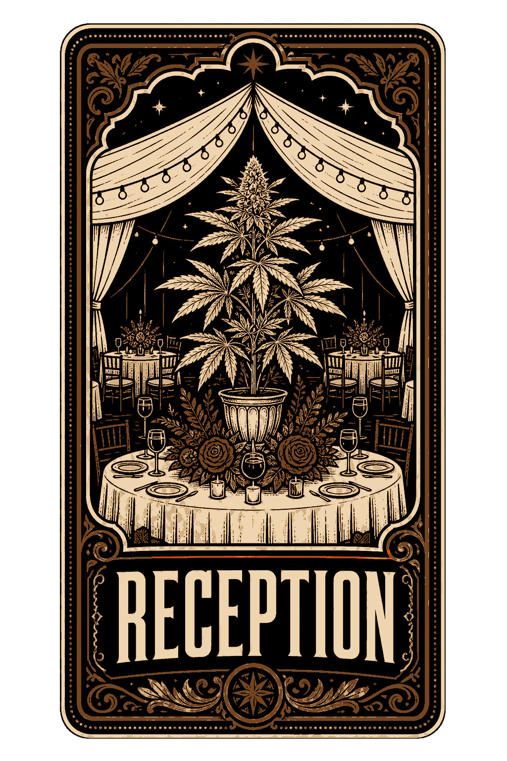 Take 2 for ['A Reception Tent With A Cannabis Plant As The Centerpiece. — Vows & Vapors (Wedding Party × Cannabis Invitation Engraving). Composition: Tarot Card — A Tall Tarot-Like Card', 'Ornate Border', 'Central Symbolic Scene', 'Headline In A Frame At The Bottom.'] — Morning Ritual #1 — click to enlarge