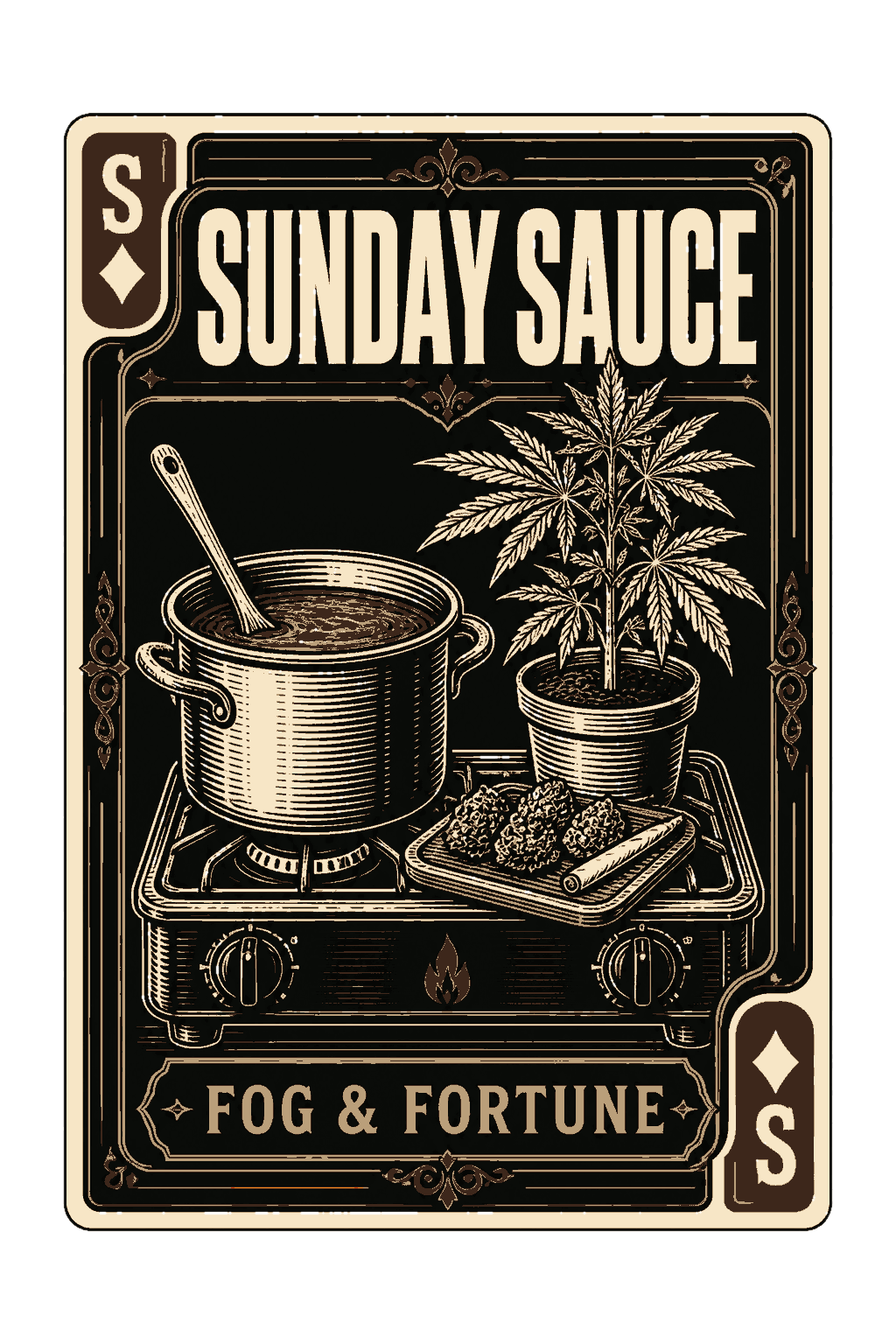 Take 2 for ['A Sauce Pot And A Cannabis Plant On A Back-Burner Still Life. — Porch & Proof (Backyard Cookout × Cannabis Picnic Engraving). Composition: Playing-Card Face — A Tall Card Composition With Corner Indices And A Central Tableau.'] — Morning Ritual #1 — click to enlarge