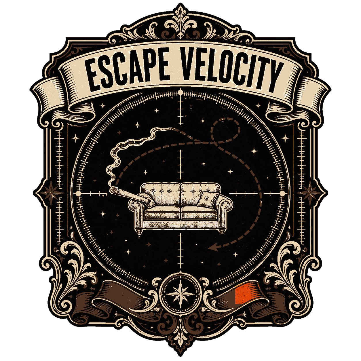 Take 1 for ['The Physics Joke: You Cannot Actually Leave The Couch. An Orbital Trajectory Diagram Whose Escape Path Curves Back To Where It Started.'] — Morning Ritual #1 — click to enlarge